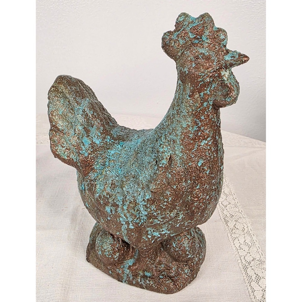 Hand Painted Aged Ceramic Rooster Figurine Verdigris Patina Farmhouse Decor 7.5"
